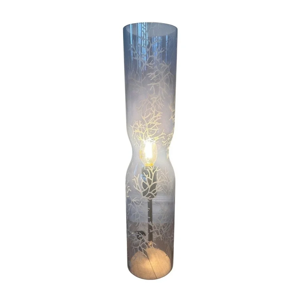 VTG 90's IKEA Smart Cylinder Table Lamp‎ Etched Blue Glass Coral Branches 18